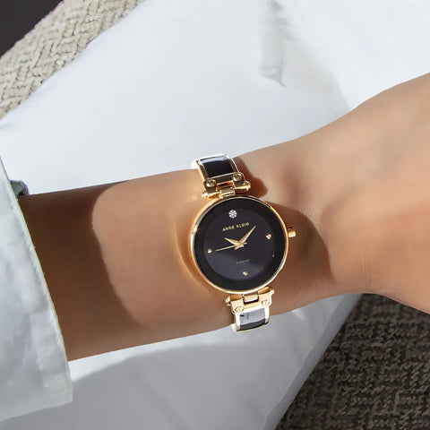 Anne Klein AK/1980BKGB Reloj de Mujer 28 mm con Diamante Genuino - Negro y Dorado