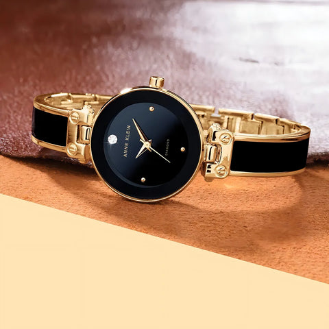 Anne Klein AK/1980BKGB Reloj de Mujer 28 mm con Diamante Genuino - Negro y Dorado